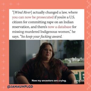 Dallas Goldtooth Instagram - If this kills any chance of me being in a Taylor Sheridan production - I’d consider that a worthwhile response.  Lol. Rich white dudes who love being white saviors ain’t my thing. 

Original post by @illuminative - & in collaboration w/ @janaunplgd 

Let’s set the record straight. Taylor Sheridan, the creator of 'Yellowstone', and his film Wind River were NOT responsible for the passage of the Violence Against Women Act (VAWA) and its protections for Native women—despite his recent statement in The @HollywoodReporter. 
 
Sheridan’s claim is not only false, it’s harmful. This is yet another attempt to erase Native peoples from our own stories and ignores the decades of intense organizing and profound impact Native women, survivors, advocates, Tribal leaders and many more across Indian Country had in the passage of this law. 
 
Instead, the film he gives so much credit to centers a white savior narrative, reduces the Native women characters featured to one-dimensional subjects, largely depicted only in scenes of brutal physical and sexual violence, and perpetuates the false notion that the homicides of Native women are investigated by authorities—all of which compound the MMIP crisis.

And this misrepresentation of Native peoples and issues is prevalent throughout Sheridan’s work as he fails to hire Indigenous writers or staff in any significant, decision-making roles on any productions that feature Native storylines rooted in our history and deep trauma. 

Taylor Sheridan, you have an opportunity to change and use your influence for good. We encourage you to sit down, listen, embrace the truth and humble yourself. Your white savior narrative erases the work of Native women and Indian Country who fight for the safety and well-being of Native women, girls and people. 

Indian Country will not stand for the false narratives you are promoting. The majority of Native peoples in the country agree— No More Stories About Us Without Us. 

Memes created by Native creatives @Janaunplgd and @DallasGoldtooth. 

#TaylorSheridan #IndigenousWomen #NativeWomenLead #MMIW #MMIWG #MMIP #WhiteSaviorComplex #RepresentationMatters #WGAStrike #Yellowstone #IndigenousFilm #indigenoustv