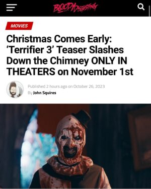 Damien Leone Instagram - So the word is out 😬 Terrifier 3 is indeed a Christmas movie and Art the Clown will slay 🔪❤️🤡🎄 Make sure you check out Terrifier 2 in theaters nationwide Nov 1 and 2nd to catch a glimpse of the official teaser and grab a limited edition poster, exclusive to theaters!! #terrifier3 #christmas #arttheclown #terrifier2 #holidayseason