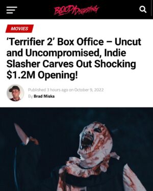 Damien Leone Instagram - Truly remarkable! Terrifier 2 continues to surprise at the box office, breaking 1 million dollars! It’s truly the little indie slasher that could ❤️🤡🔥 Thank you all for continuing to see it in theaters! Some of you have even seen it multiple times! Huge thank you to @cinedigm_ent @bdisgusting @screamboxtv and @iconiceventsnow for believing in the film and taking a big chance on us! As we’ve said many times, an unrated Indie slasher release like this in major theaters is unprecedented. See it with an audience while you can! It’s a good time! The slasher genre is alive and well and we’re honored to be a part of it 🙏🏻 #terrifier2 #onemillion #arttheclown #sienna #finalgirl
