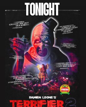 Damien Leone Instagram - Terrifier 2 is back in theaters tonight!! Cannot wait for everyone to see the exclusive Terrifier 3 teaser that will play after the film! 🤡 🎄 Who’s going and who’s ready to barf?! 🤢 Ticket link in bio. #terrifier2 #rerelease #terrifier3 #terrifier #arttheclown