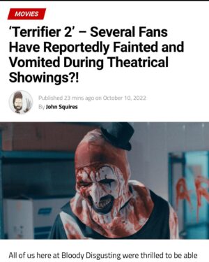 Damien Leone Instagram - TO AVOID FAINTING keep repeating, IT’S ONLY A MOVIE…only a movie…only a movie 🤡🤢 FULL ARTICLE IN BIO #youvebeenwarned #fainting #extreme #gore #toointense #arttheclown #terrifier2 #arttheclown