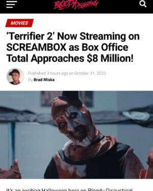 Damien Leone Instagram - Happy Halloween!! 🎃🤡🔥 Terrifier 2 is now officially streaming on @screamboxtv and playing in theaters! 🎉 Thank you all for helping make this one of the greatest and most memorable Halloween seasons ever🤯 The love and support for Terrifier 2 over these past few weeks has been absolutely overwhelming. It’s so great to know the vast majority of you really loved the film and are now subscribing to screambox in record numbers. We hope you get to enjoy Terrifier 2  in the comfort of your home tonight with a big “severed head bowl” of Halloween candy! 😉#terrifier2 #terrifier #screambox #arttheclown #halloween #happyhalloween #trickortreat