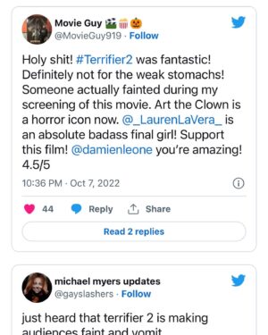 Damien Leone Instagram - TO AVOID FAINTING keep repeating, IT’S ONLY A MOVIE…only a movie…only a movie 🤡🤢 FULL ARTICLE IN BIO #youvebeenwarned #fainting #extreme #gore #toointense #arttheclown #terrifier2 #arttheclown