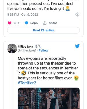 Damien Leone Instagram - TO AVOID FAINTING keep repeating, IT’S ONLY A MOVIE…only a movie…only a movie 🤡🤢 FULL ARTICLE IN BIO #youvebeenwarned #fainting #extreme #gore #toointense #arttheclown #terrifier2 #arttheclown