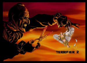 Damien Leone Instagram - Insane Terrifier 2 fan art by the super talented @stevehorrorart 🔥🔥🙌🏻 #terrifier2 #arttheclown #sienna #terrifier #clown #clowns #art #angel #badass #sick #talent