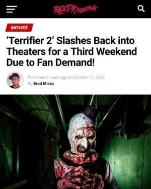 Damien Leone Instagram - We did it again! 🤯🔥 Terrifier 2 extends into its 3rd weekend following another unprecedented turnout in week 2! You guys are seriously the best and we keep making history! Today was wild and probably the most overwhelming day thus far! The reports of people fainting and puking during the film have gone viral and we ended up on tons of news outlets and morning talk shows! 😊 Thank you all for turning up at the theaters! Now onto another successful weekend ahead! 🤡🍻🙏🏻✨ #terrifier2 #terrifier #arttheclown #week3