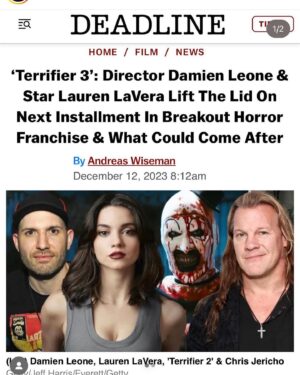 Damien Leone Instagram - Are you ready?! 🤡🔥🪓🩸🎄 Thrilled to be continuing this saga with @laurenlavera @davidhowardthornton @elliottfullam @sscaffidi and @chrisjerichofozzy 🙏 Also, a lot of new amazing faces to be announced! 🔥Thanks for the awesome interview @deadline 🤘Article in bio #terrifier3
