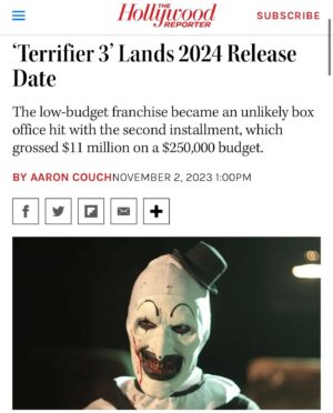Damien Leone Instagram - We have an official release date! Terrifier 3 will open nationwide in theaters on October 25th 2024! 🔥🎉 Art’s here to slay! Merry Halloween! 🎃🤡🎄 🩸 🔪 #terrifier3 #terrifier #terrifier2 #merrychristmas #happyhalloween #october25 #2024 #arttheclown