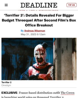 Damien Leone Instagram - Terrifier 3 is officially happening! ( was there ever a doubt? 😉🤡) Link in bio!! I’m super excited to announce that we’re once again partnering with The Coven @cillailla after the success of part 2. We wanted to keep the spirit of what made this franchise successful alive and the only way to truly do that is not to screw with the formula that’s gotten us here. Terrifier 3 will be another boundary pushing addition to the franchise. It’s gonna be darker, sicker and crazier than ever! More details to come! As always, none of this would be possible without your amazing support! 🙏🏻🤡 #terrifier3 #terrifier #terrifier2 #arttheclown