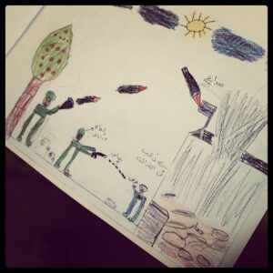 Dan Rather Instagram - Many of those most profoundly affected by the civil war in Syria are children. This drawing was done by a 10-year-old Syrian girl while she was living in a refugee camp. The picture is of her house being burned down and her best friend shot. https://itunes.apple.com/us/tv-season/in-the-running/id485436827?i=547739321 #Syria #CivilWar #Refugees #RefugeeCamp #Jordan #Assad #News #Journalism #DanRather