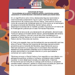 Daniel Jadue Instagram - “Personalidades de la cultura, academia, política y movimientos sociales presentaron el Comité Nacional e Internacional Justicia para Daniel Jadue”.

Agradecemos a todas y todos quienes día a día se siguen sumando y entregando sus muestras de solidaridad en apoyo a la situación judicial que vive el Alcalde Jadue con el objetivo de buscar su pronta libertad #JadueLibre

Sigue todas la noticias e informaciones en www.danieljadue.cl
