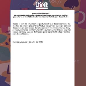 Daniel Jadue Instagram - “Personalidades de la cultura, academia, política y movimientos sociales presentaron el Comité Nacional e Internacional Justicia para Daniel Jadue”.

Agradecemos a todas y todos quienes día a día se siguen sumando y entregando sus muestras de solidaridad en apoyo a la situación judicial que vive el Alcalde Jadue con el objetivo de buscar su pronta libertad #JadueLibre

Sigue todas la noticias e informaciones en www.danieljadue.cl