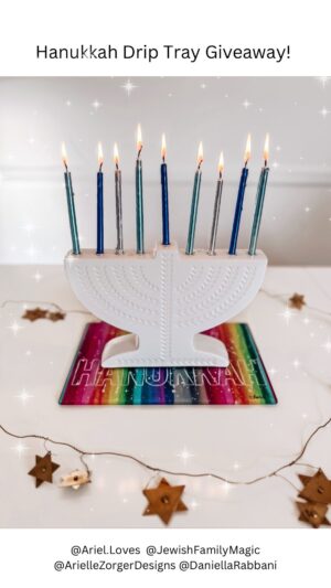 Daniella Rabbani Instagram - 🌈 HANUKKAH GIFTAWAY! 🌈

The 3 of us Jewish mamas are dancing into the holidays and teaming up for a special giveaway! 🥳 One lucky winner will receive a menorah drip tray of your choice from @ArielleZorgerDesigns and a copy of the Hanukkah Family Magic digital guidebook from @JewishFamilyMagic! Perfect for adding some ✨magic✨ to your holiday! 

TO ENTER:
1️⃣ Follow @ArielleZorgerDesigns @DaniellaRabbani @Ariel.Loves and @JewishFamilyMagic
2️⃣ Like and Save this post
3️⃣ Tag a friend who would like this! Each comment = 1 entry!
4️⃣ Share in your stories   tag us for an additional entry!⠀⠀

And if you’re looking for some creative accessories and gifts (for the holidays and all year round!) use code ARIELLOVES10 to get 10% off your order at @ArielleZorgerDesigns! 🕎 

Good luck! Winner will be announced on Monday, November 28. Open to US residents only. Not affiliated with Instagram.