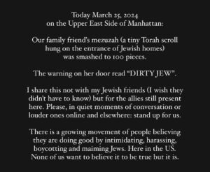 Daniella Rabbani Instagram - I would love for this page to be about making art and raising happy healthy children again. But this morning I woke up to a message from my sister that… wasn’t for me. It’s for the allies who have stuck around here. Who love Jewish people as they love any and all people. Tell your friends and family who are being fed age old hatred to STOP. Their pain and goodness is being used against them to perpetrate harm on a community who doesn’t deserve it. Please pass this on. Thank you. 
.
#endjewhate #antisemitismus