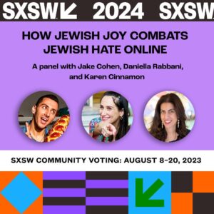 Daniella Rabbani Instagram - 🎯🏃🏻‍♀️Wanna know the best way to deal with haters? Live yourself a joyful life. I’ve teamed up with my dear friends Karen Cinnamon of @yourjewishlife and @jakecohen for a panel discussion at @sxsw 2024. The only catch is: we need your help. Vote for us at my link in stories from now until August 20th! 

💋Jake Cohen is the @nytimes best selling cookbook author of Jew-ish and his latest book I Could Nosh is coming out this Fall. He’s magnetized more than a million followers on instagram and tik tok with his Jewish pride and culinary excellence. 
💋Karen Cinnamon is the founder of the Smashing Life Community, author of The Jewish Joy Journal and Podcast host of Your Jewish Life Your Way. She inspires Jews across the globe to embrace their heritage by way of Joy. 
💋And you know me. I’m @daniellarabbani. An actress and podcaster best known for my work on the Yiddish Stage and as Rabbi Zoe Schwartz on CBS’ God Friended Me. 

We all met @telavivinstitute thanks to @henmazzig and are passionate about creating social change by way of social media. We believe this talk will be an important addition to the programming at @sxsw and hope you’ll vote for us so we can see ya there! 🏃🏻‍♀️🎯
.
.
.
#jewishandproud #jewishpride #jewishcooking #jewishfood #jewishactor