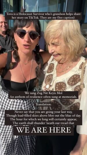 Daniella Rabbani Instagram - Thank you @stateofisrael and @combatantisemitism for the chance to meet @tovatiktok and other brave souls doing the work we so desperately need to advocate for the Jewish community. As many of you know I tried to get my grandmother’s Holocaust testimony which she could not, until her dying day, ever utter. The experience of never knowing was made into an award winning short film called OMA starring Lynn Cohen on @primevideo. Tova and her grandson are my heroes. Every day on the clock app they share Holocaust education from Tova’s first hand testimony as one of only five children to have survived the war in her hometown. Tova and her grandson meet egregious hate with a steadfast resolve to share the truth. I am so grateful to have met and had the pleasure of singing Yiddish folk tunes with them. This one, filmed by @joanieleeds (thank you) carried extra resonance at the Summit where we heard from Nova Survivors and parents of current American-Israeli hostages. It is a miracle and yet it is true: WE ARE HERE and we are not going anywhere. עם ישראל חי. #yiddish #jewishandproud #bringthemhome #unitedwithjews