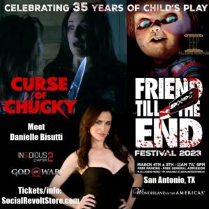 Danielle Bisutti Instagram - Calling all Chucky fans to “FRIEND TILL THE END FESTIVAL” in San Antonio, TX March 4-5! I’ll be joining my fellow #Chucky friends Alex Vincent & Christine Elise. This #convention confirms that #BARBLIVES 🔪 👁️ 🩸 ♥️ Who wants to play? #HorrorCommunity #horrormovies #horror #daniellebisutti #festival