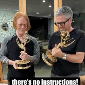 Danny Elfman Instagram - Fellow composer @johnj_powell and I spent ages trying to figure out how our new Emmys work. We couldn’t find any Bluetooth or USB connections anywhere on them… fact is we couldn’t even find the on/off switches! We finally determined that they make lovely hats.

#Wednesday #StillAMichaelJFoxMovie #Emmys @wednesdaynetflix