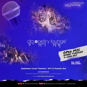 Dante Basco Instagram - Open Mic hosted by DPL’s Founders TOMORROW NIGHT 🔥

We’re celebrating 26 YEARS! Come through and celebrate with us. 

DPL welcomes all with open arms, offering walk-up entry to the stage, cozy seating on pillows and rugs until capacity is reached. 

After all, Da Poetry Lounge began in a living room! From its origins in a living room, Da Poetry Lounge embodies inclusivity and warmth, inviting guests to immerse themselves in the magic of poetry and performance, celebrating the power of expression and human connection.

Pre-Sale Green Seats at the 🔗 in bio!