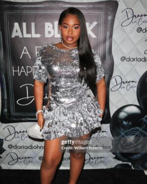 Daria Johns Instagram - on my birthday behavior🖤🤍💜 
• 
•

Stylist: @coreyrochecreates 
Hair: @kyabilal_ 
Makeup: @thetrifectabeauty 

THE LOOKS😍

Silver Look:
Dress: @ellaelisque
Jewelry: @vraiofficial
Shoes: @louboutinworld

Purple Look:
Top: @denzelparris @coreyrochecreates
Pants: @balenciaga
Jewelry: @gucci 
Bag: @judithleiberny

•
•
#birthday #daria #dariajohns #birthdaygirl #birthdaybehavior #birthdayparty #sagittarius #capricorn #explore #explorepage #blackgirl #allblack #allblackaffair