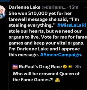 Darienne Lake Instagram - Please donate to my #smearcampaign with your votes for me for queen of the Fame games! Also, I wore some pretty rad fashions and totally deserve it. Link in bio for voting tomorrow at 3am EST.