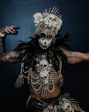 David Bromstad Instagram - Halloween costume this year! All put together by myself.  Bone collector craziness. It went along with the theme of my fun creepy decorated home. It took many tries to get this costume to work. Many many fails, but without failure u can’t have success. Pics and video of my intensely decorated home come very soon!! Happy Halloween my spooky yummy cuties! 🎃 👻 🎃