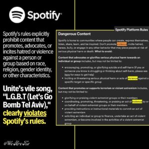 David Draiman Instagram - #OUTRAGEOUS Neo-N@zi rock band, ‘Unite’ performed their song “Let’s go bOmb Tel Aviv” in Madrid, Spain this week as the entire crowd chanted along #SwipeRight

This vile song has been available on Spotify and Apple Music for the past 3 years.

#TakeAction To report this song, visit:
support.spotify.com/us/report-content

🔔Follow @wearetov to support our work in combatting antisemitism and to stay informed. 
🤝Join our mission to stand up for what’s right. 

 .
.
.
#EndJewHatred #antisemitism #stopantisemitism #jewish #jew #judaism #endantisemtism #israelunderattack #istandwithisrael #israel #israeli #selectiveoutrage #injustice #MeToo_UNless_UR_A_Jew  #BringThemHome #BringThemHomeNow #ReleaseTheHostagesNow #FreeTheHostages 

Disclaimer- we neither endorse nor defend or promote images of violence and hatred but share them for educational and awareness purposes. We are not responsible for the messages or images in this post. 

Disclaimed for IG “Fact-Checker”: this post is merely a viewpoint/opinion/theory/satire and should not be construed as a statement of fact. Nor am I giving any advice.

Copyright Disclaimer under section 107 of the Copyright Act of 1976, allowance is made for “fair use” for purposes such as criticism, comment, news reporting, teaching, scholarship, education and research.