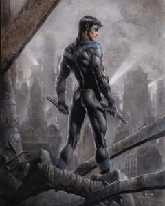 David Finch Instagram - Nightwing painting.  It’s colored pencil, some ink, and acrylic. Some acryliguache. I wanted to try acryliguache, but I only have a few colors, so it’s mixed.  Probably defeats the purpose.  #davidfinch