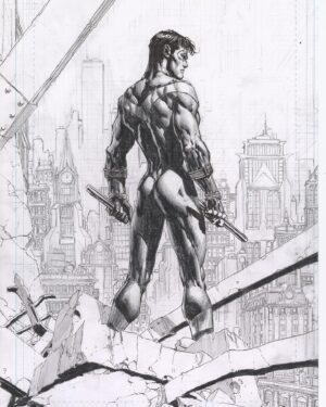 David Finch Instagram - Nightwing painting.  It’s colored pencil, some ink, and acrylic. Some acryliguache. I wanted to try acryliguache, but I only have a few colors, so it’s mixed.  Probably defeats the purpose.  #davidfinch