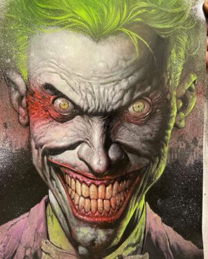 David Finch Instagram - Joker head painting.  It’s acrylic, colored pencil, spray paint, and about five layers of failing and going back and forth. #davidfinch