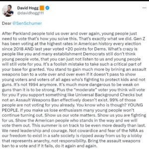 David Hogg Instagram - Help me get eyes on this. 
Post on your story and tag @senschumer