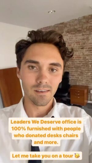 David Hogg Instagram - NEW OFFICE TOUR 🥳 100% furnished by supporters of Leaders We Deserve who donated desks, chairs and more. Support our work leaderswedeserve.com
