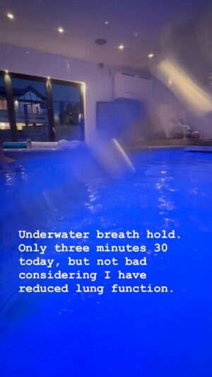 David Holmes Instagram - I’ve been doing this religiously every Physio session for the past few years. Not only am I able to sit up right without the excruciating pain of the weight of my head on my neck, but Holding my breath gives me a sense of control. I am losing more neurological function every year there is a real chance that independent breathing might be impaired in my future. 4:25 is my record and five minutes is my Mount Everest. #StillDoingStunts #BreathControl #powerofthemindset #WaterBaby #setgoalsnotlimits