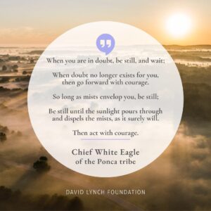 David Lynch Instagram - “When you are in doubt, be still, and wait;
When doubt no longer exists for you, then go forward with courage.
So long as mists envelop you, be still;
Be still until the sunlight pours through and dispels the mists, as it surely will.
Then act with courage.”

- Chief White Eagle of the Ponca tribe

#stillness #bestill #strengthinstillness #courage #daily #quote #inspo #Ponca #ChiefWhiteEagle #meditation #TM