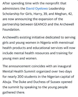 David Oyelowo Instagram - A huge thank you to Harry and Meghan for visiting our David Oyelowo Leadership Scholarship students in Nigeria this week. I was so sad not to be able to be there. Their support through their Archwell Foundation is an absolute game changer for us.  Learn more  at @geancofdn