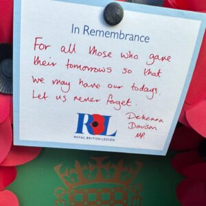 Dehenna Davison Instagram - Honoured to lay a wreath in Shildon and pay tribute to those who gave their lives, so that we may have our freedom.

Thank you to those who laid the Parliamentary wreathes across Bishop Auckland, Barnard Castle, and Spennymoor this morning.

We will remember them.