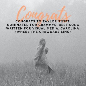 Delia Owens Instagram - Congratulations to @taylorswift, who was nominated for the GRAMMYS Best Song Written for Visual Media for "Carolina," the song she composed for the Where the Crawdads Sing.