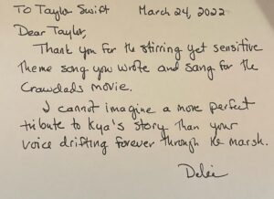 Delia Owens Instagram - Dear Taylor… my note of thanks to Taylor Swift for writing the extraordinary theme song for the Crawdads movie. @taylorswift
