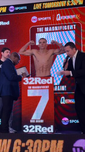 Dennis McCann Instagram - The Menace is fight ready 😤

@dennismccann weighs in at 121 Ibs ahead of his showdown with Brad Strand 🥶

#Magnificent7 | Tomorrow | Live on @tntsports