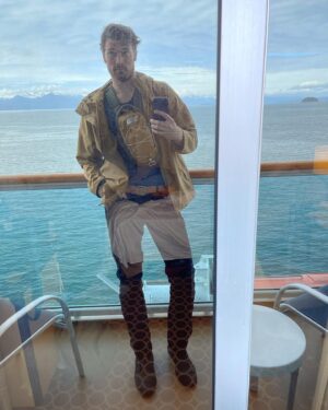 Derek Theler Instagram - Just posting my fit checks on the boat. The scenery we passed through was epic. Alaska is a wild place. See if you can spot the bald eagle I’m pointing to in one of the shots. 

Also, please excuse the thirst trap