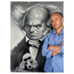 Derren Brown Instagram - With my painting of Schopenhauer a few years back. He had several poodles, all called ‘Atman’, the Sanskrit word for soul. 
(Link in bio for more - click & go to ‘Art’)