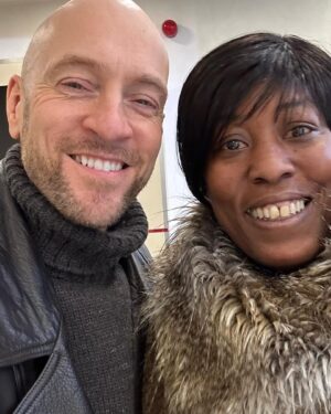 Derren Brown Instagram - Went for a health check and only bloody bumped into Khadisha, @kaywhomes, our brilliant lady from The System. Now a multi-millionaire, she owns Ladbrokes, which is really exciting. Look at our coats.