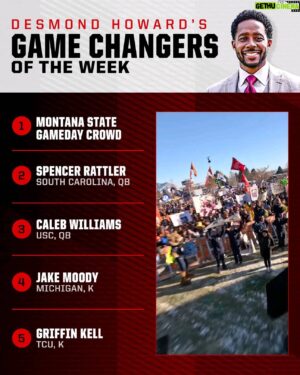 Desmond Howard Instagram - I would have sent this earlier but I just got feeling back in my fingers. Here are some of my top Game Changers from the weekend. Please share your thoughts.  I had a blast watching games yesterday! The season is a marathon of sprints and this last week is going to be epic!
#collegefootball 
#collegegameday
