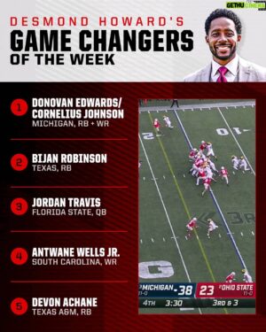 Desmond Howard Instagram - We had some incredible games during rivalry week!
Here are a few of my Game Changers. Who are yours?
Donovan Edwards (with 1 hand) 2 TD runs 75/85 yds. 
Cornelius Johnson 2 TD catches 69/75 yds
Bijan Robinson 179 yds rushing with 2 TDs
Jordan Travis 353 yd total with 3 TDs
Antwane Wells Jr. 131 rec yd 2 TDs
Devon Achane  215 yds rushing with 2 TDs
#collegegameday 
#collegefootball