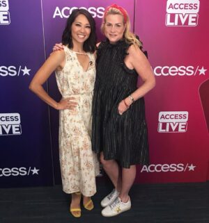 Diane Mizota Instagram - Happy I finally got to meet Bari & Emily from the @ruegiltgroupe_life team when they stopped by set today!  Loved showing you guys behind the scenes of @accessonline and can’t wait to see you on your next visit.  Dress: @rachelpally & shoes: @stuartweitzman both scored on @ruelala of course!  #tvhost #grateful #accesshollywood