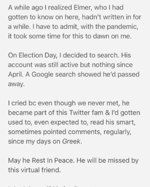 Dilshad Vadsaria Instagram - A little statement about a member of this social media family, Elmer Saunders (Twitter @Boxter2004). 
💐
I don’t know if his family got to say a proper goodbye, given our present circumstances. If you have time, maybe, we can all write something on his memorial page (https://www.google.com/amp/s/www.dignitymemorial.com/obituaries/coppell-tx/elmer-saunders-9153811), and get to know more about him and the beautiful life he led. 💐