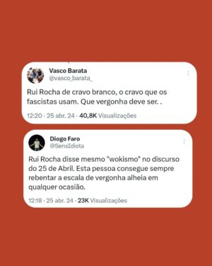 Diogo Faro Instagram - Acusam a esquerda de se apropriar do 25 de Abril, mas a verdade é que é a direita que se retira dele. Ou desvalorizando a data, ou celebrando-a, mas com moderação, ou odiando-a. Querem que achemos o quê? Que sentem a data e a valorizam da mesma forma que a esquerda? Difícil.

Ontem foi dos dias mais bonitos deste país. Mas a luta segue todos os dias, atentos a quem (até de forma mais dissimulada que os fachos) nos querer limitar a liberdade (a quem não quer aumentar salários ou baixar as rendas, por exemplo).

25 de Abril sempre. Fascismo nunca mais ✊🏻❤️