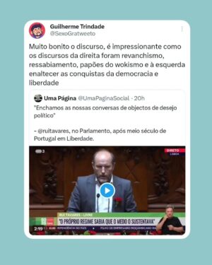 Diogo Faro Instagram - Acusam a esquerda de se apropriar do 25 de Abril, mas a verdade é que é a direita que se retira dele. Ou desvalorizando a data, ou celebrando-a, mas com moderação, ou odiando-a. Querem que achemos o quê? Que sentem a data e a valorizam da mesma forma que a esquerda? Difícil.

Ontem foi dos dias mais bonitos deste país. Mas a luta segue todos os dias, atentos a quem (até de forma mais dissimulada que os fachos) nos querer limitar a liberdade (a quem não quer aumentar salários ou baixar as rendas, por exemplo).

25 de Abril sempre. Fascismo nunca mais ✊🏻❤️