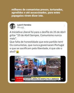 Diogo Faro Instagram - Acusam a esquerda de se apropriar do 25 de Abril, mas a verdade é que é a direita que se retira dele. Ou desvalorizando a data, ou celebrando-a, mas com moderação, ou odiando-a. Querem que achemos o quê? Que sentem a data e a valorizam da mesma forma que a esquerda? Difícil.

Ontem foi dos dias mais bonitos deste país. Mas a luta segue todos os dias, atentos a quem (até de forma mais dissimulada que os fachos) nos querer limitar a liberdade (a quem não quer aumentar salários ou baixar as rendas, por exemplo).

25 de Abril sempre. Fascismo nunca mais ✊🏻❤️