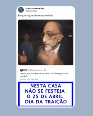 Diogo Faro Instagram - Acusam a esquerda de se apropriar do 25 de Abril, mas a verdade é que é a direita que se retira dele. Ou desvalorizando a data, ou celebrando-a, mas com moderação, ou odiando-a. Querem que achemos o quê? Que sentem a data e a valorizam da mesma forma que a esquerda? Difícil.

Ontem foi dos dias mais bonitos deste país. Mas a luta segue todos os dias, atentos a quem (até de forma mais dissimulada que os fachos) nos querer limitar a liberdade (a quem não quer aumentar salários ou baixar as rendas, por exemplo).

25 de Abril sempre. Fascismo nunca mais ✊🏻❤️